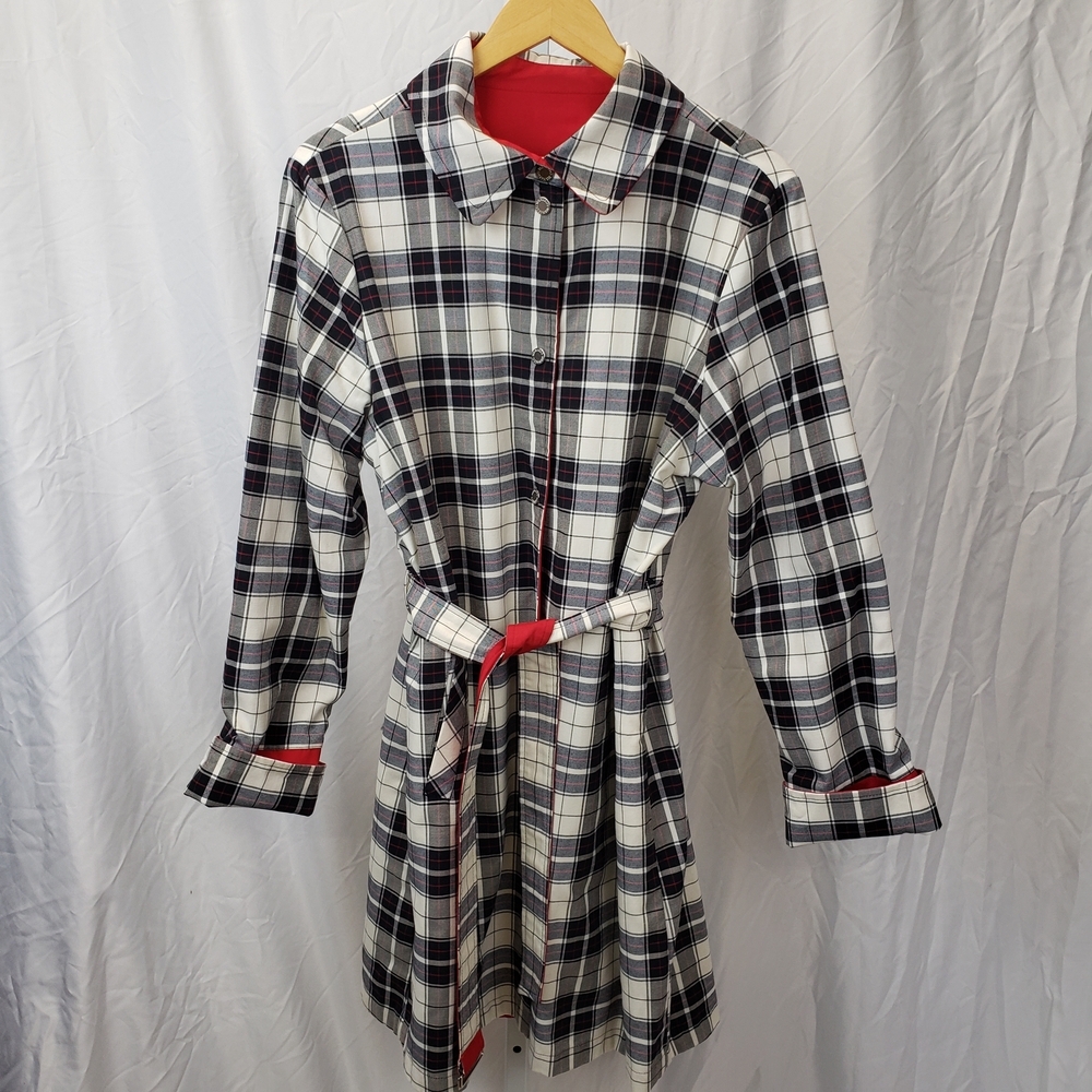 Bernardo Red and Black Plaid Reversible Trench Coat Checks Preppy Quiet Luxury